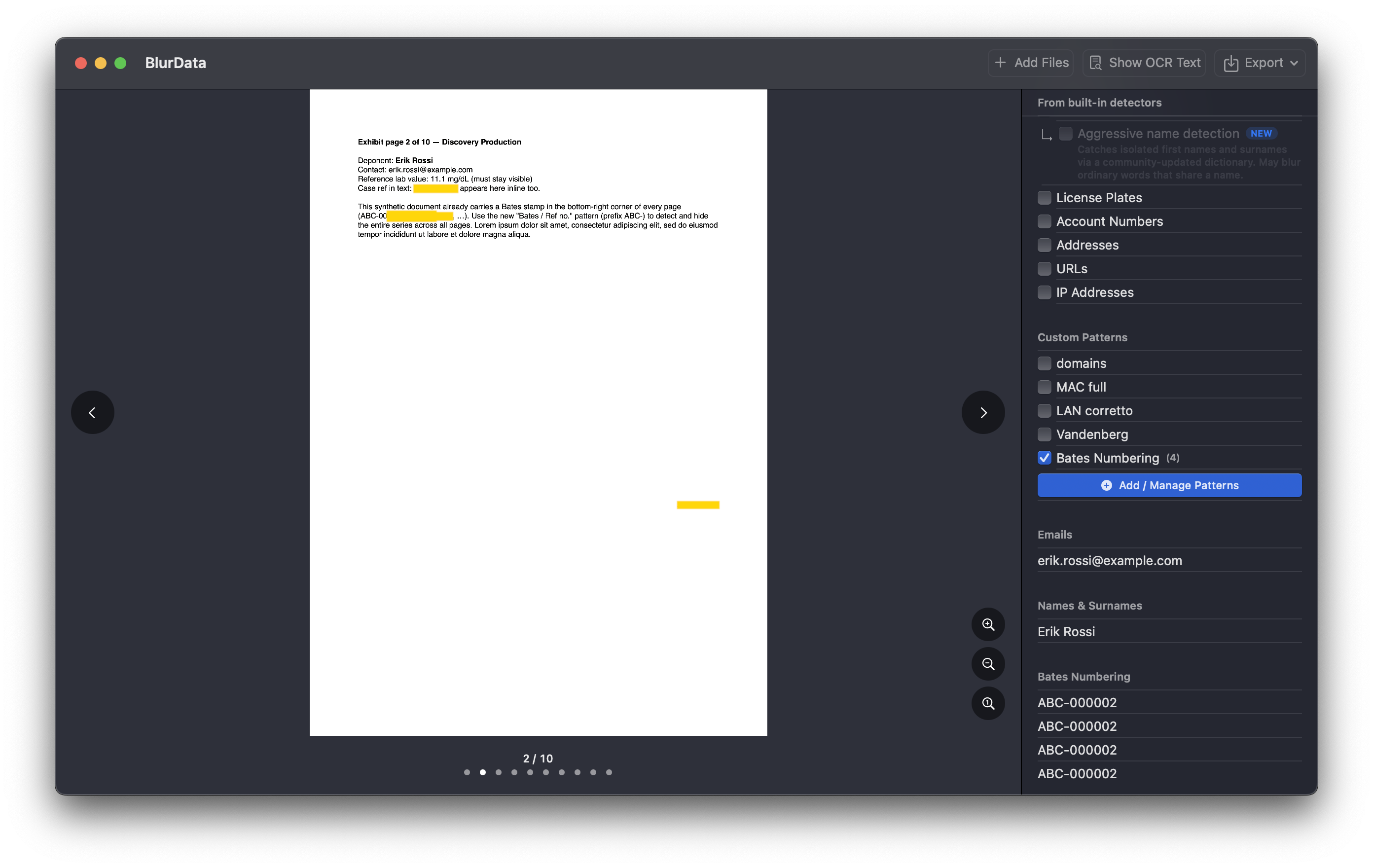 BlurData detecting a Bates-numbered series (ABC-000001, ABC-000002…) across a legal document, listed in the sidebar ready to redact