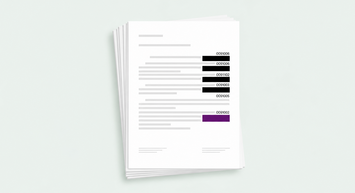 Illustration of stacked legal documents with sequential reference numbers in the corner, some covered by redaction bars