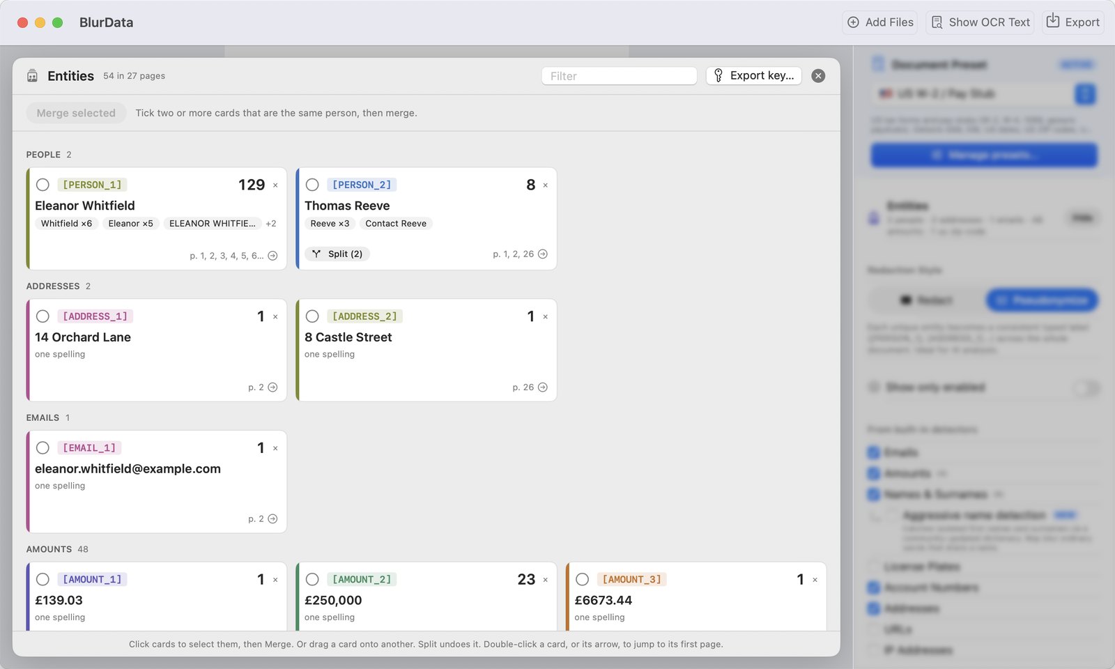 BlurData on Mac with the Entities map open: people, addresses, emails and amounts as cards with their label, spellings, count and pages, ready to merge or split