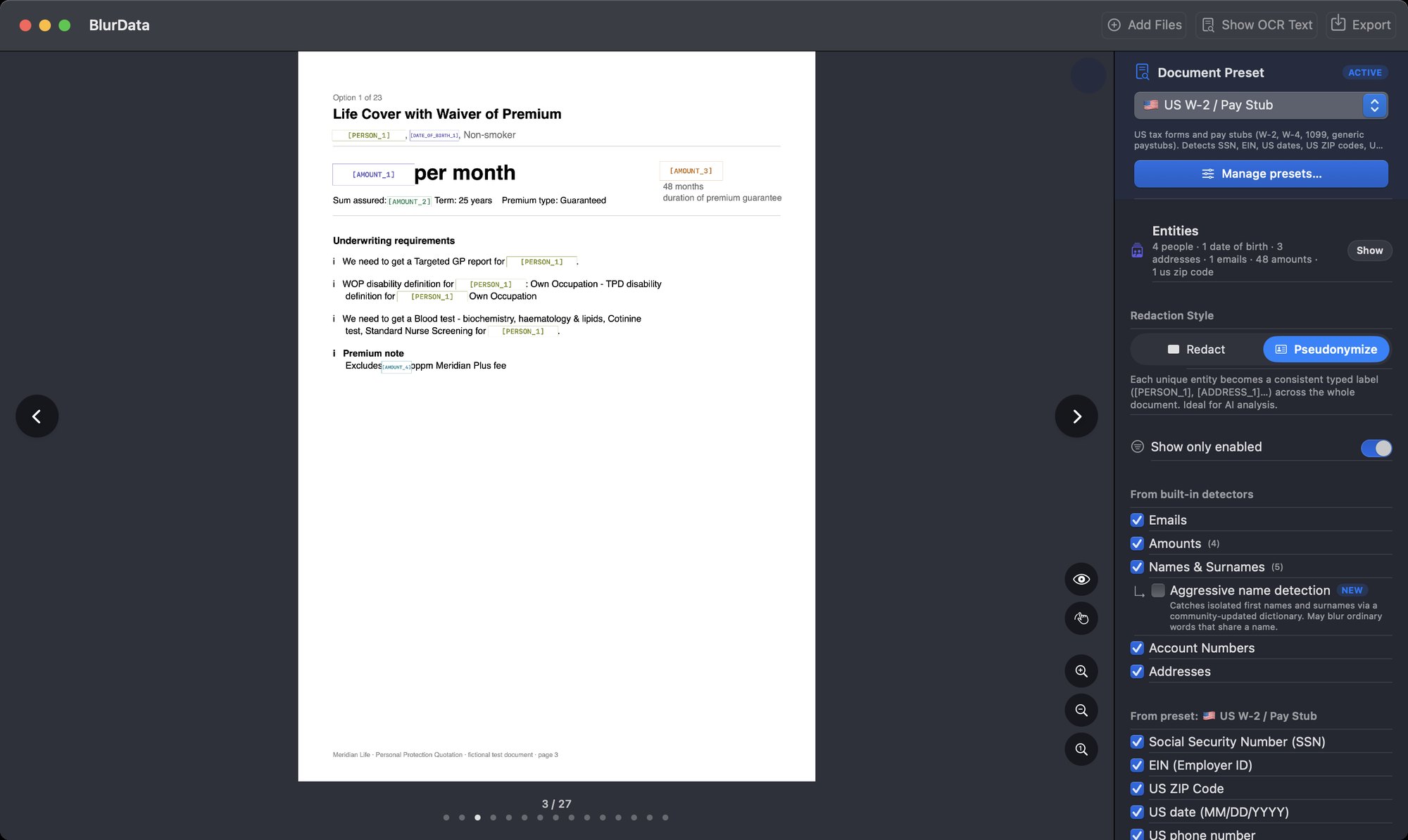 BlurData on Mac: the same kind of page with names and amounts replaced by labels like [PERSON_1] and [AMOUNT_1]