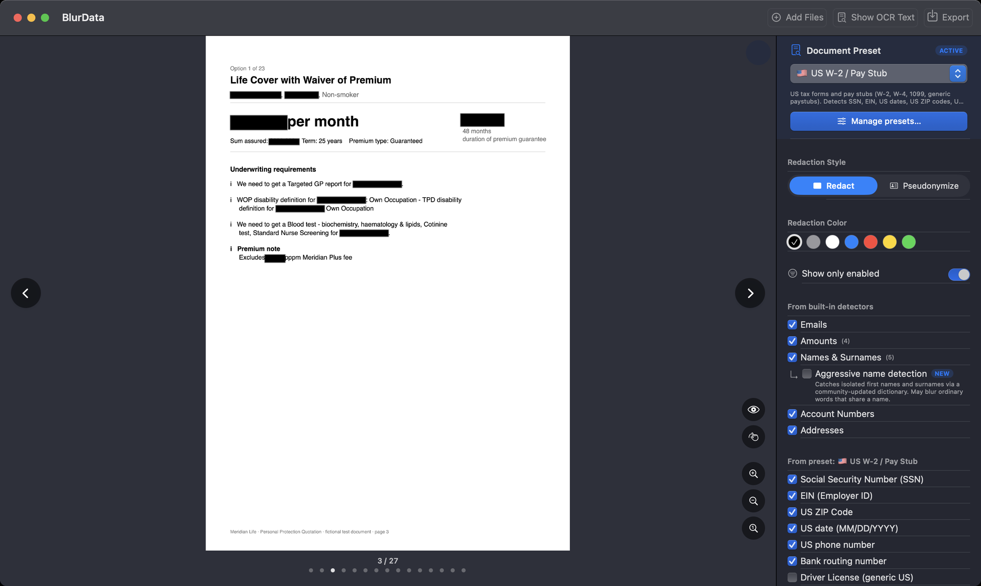 BlurData on Mac: a fictional insurance quotation with names, amounts and dates covered by black bars, and the detectors panel on the right